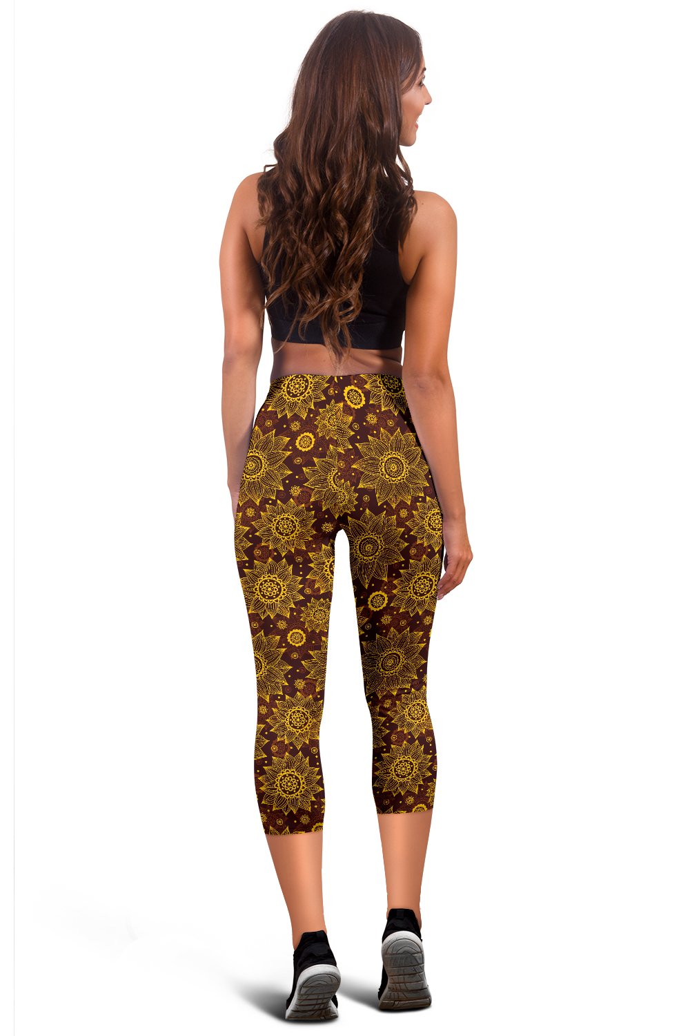 Gold Sunflower Hand Drawn Print Women Capris
