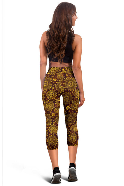 Gold Sunflower Hand Drawn Print Women Capris