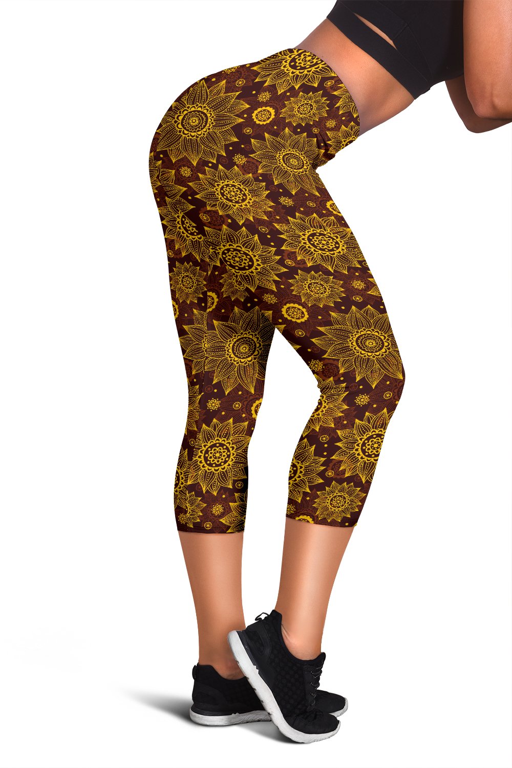 Gold Sunflower Hand Drawn Print Women Capris