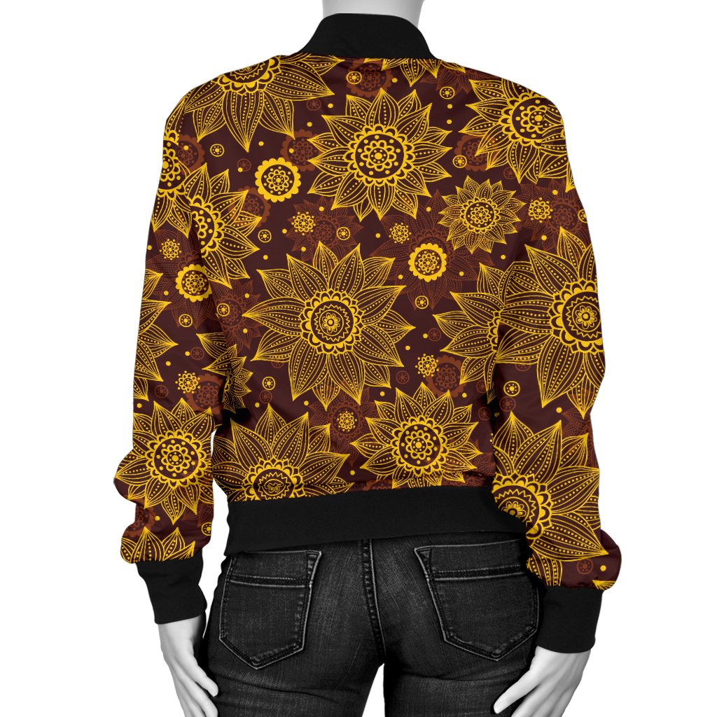 Gold Sunflower Hand Drawn Print Women Casual Bomber Jacket