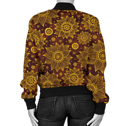Gold Sunflower Hand Drawn Print Women Casual Bomber Jacket