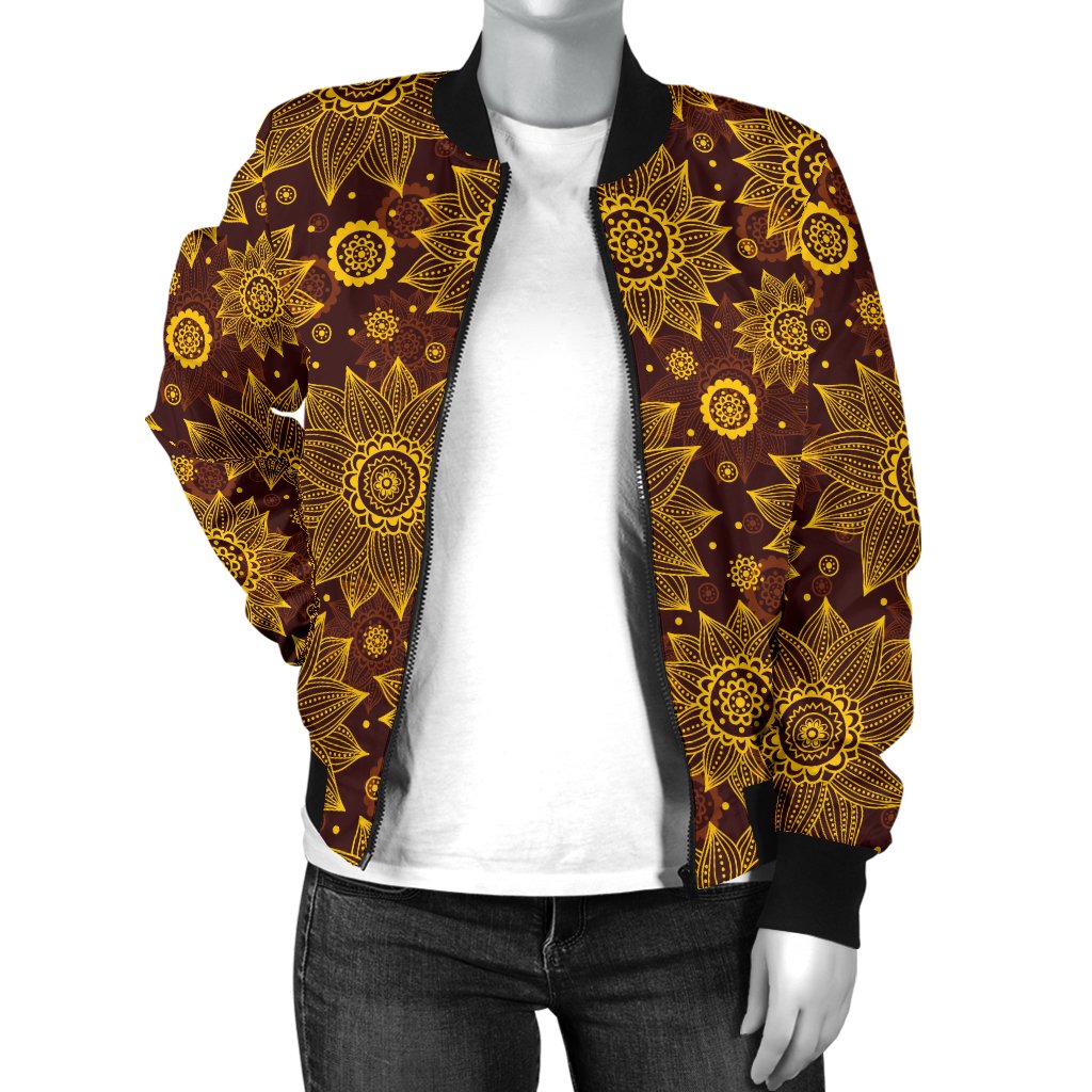 Gold Sunflower Hand Drawn Print Women Casual Bomber Jacket