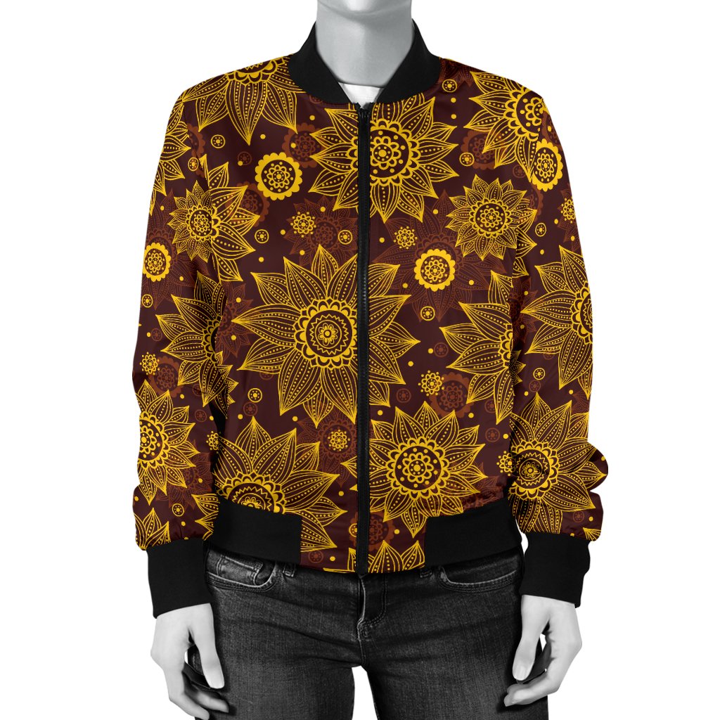 Gold Sunflower Hand Drawn Print Women Casual Bomber Jacket