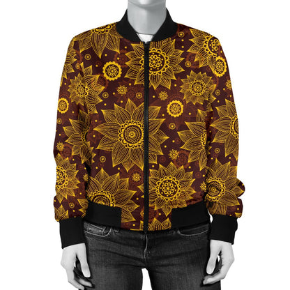 Gold Sunflower Hand Drawn Print Women Casual Bomber Jacket