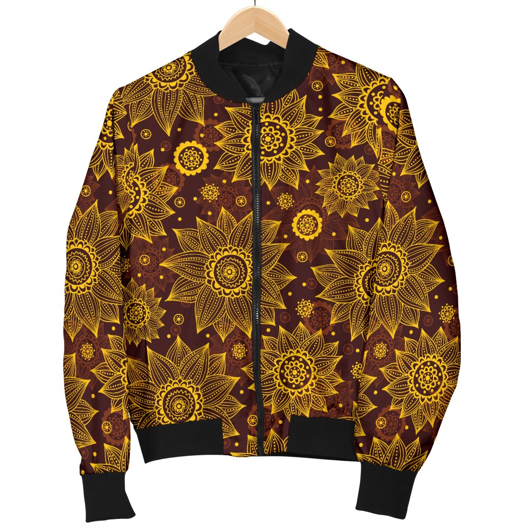 Gold Sunflower Hand Drawn Print Women Casual Bomber Jacket