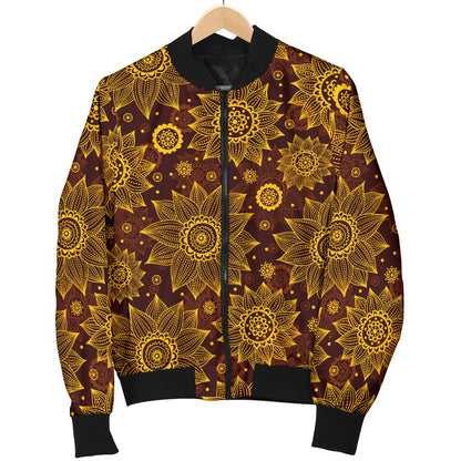 Gold Sunflower Hand Drawn Print Women Casual Bomber Jacket