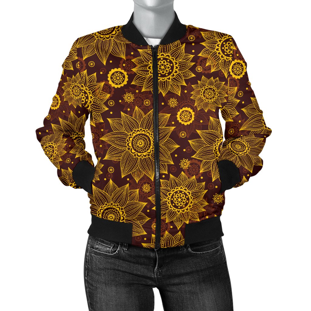 Gold Sunflower Hand Drawn Print Women Casual Bomber Jacket