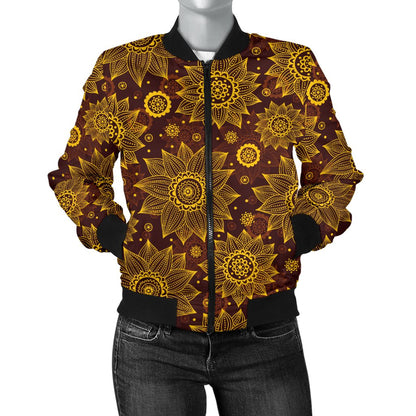 Gold Sunflower Hand Drawn Print Women Casual Bomber Jacket