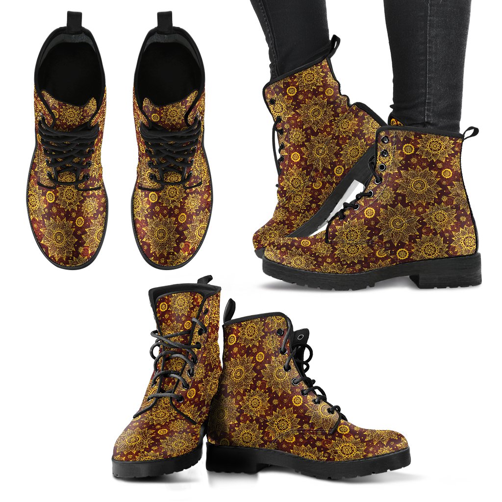 Gold Sunflower Hand Drawn Print Women Leather Boots-JTAMIGO.COM