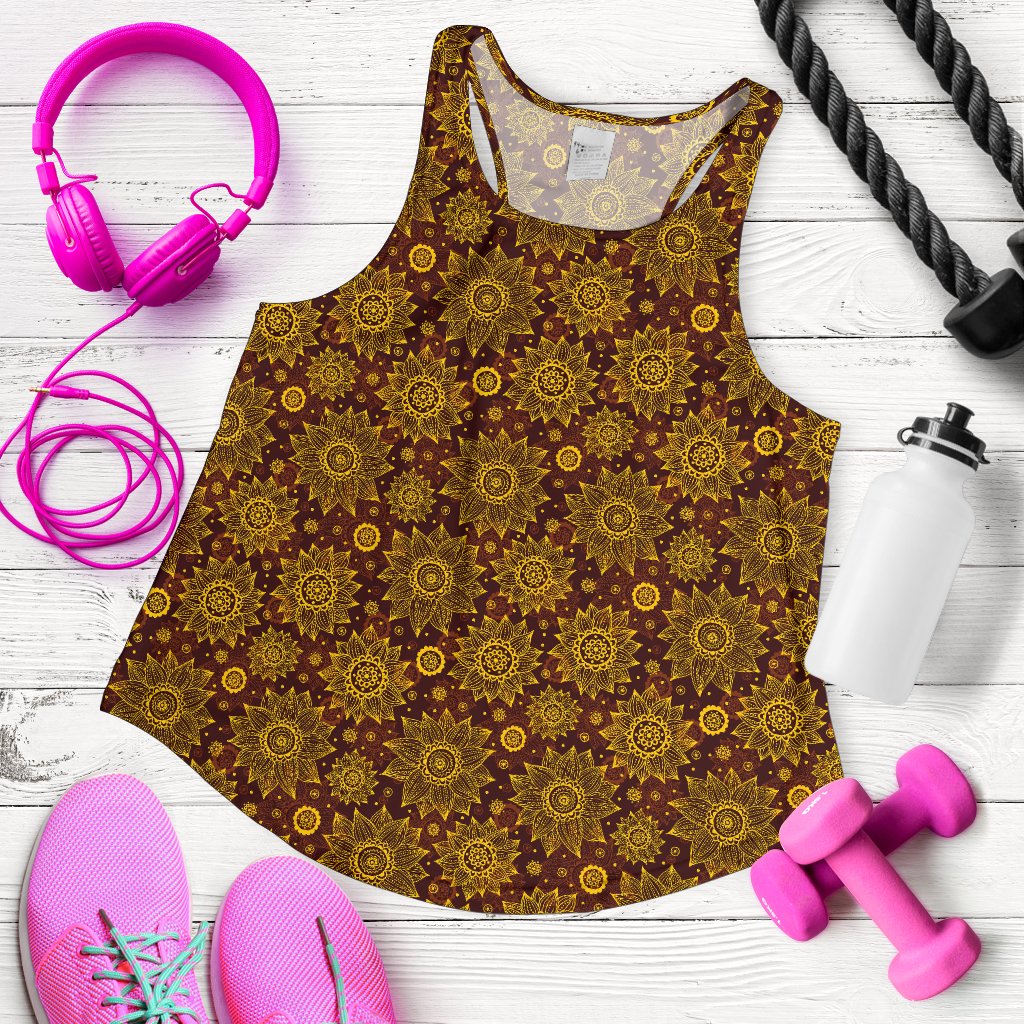 Gold Sunflower Hand Drawn Print Women Racerback Tank Top