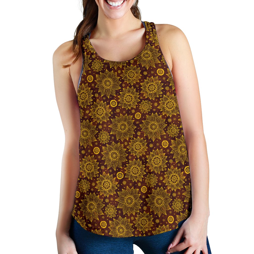 Gold Sunflower Hand Drawn Print Women Racerback Tank Top