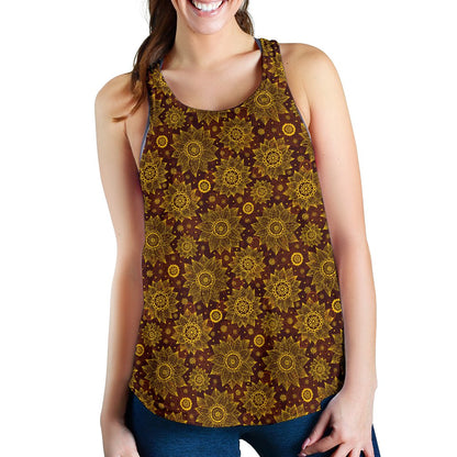 Gold Sunflower Hand Drawn Print Women Racerback Tank Top