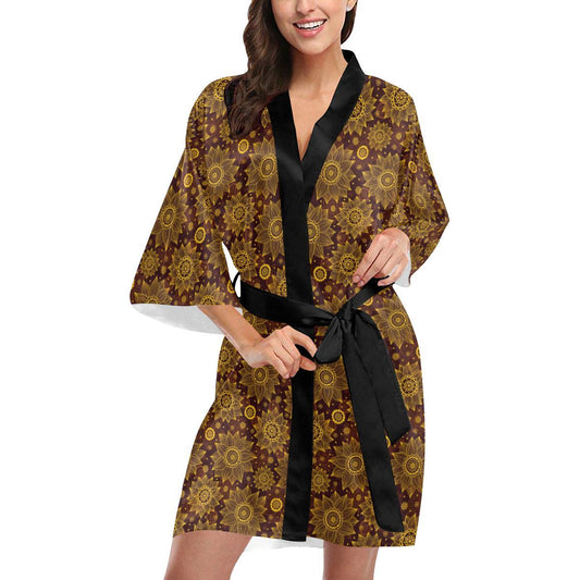 Gold Sunflower Hand Drawn Print Women Short Kimono Robe