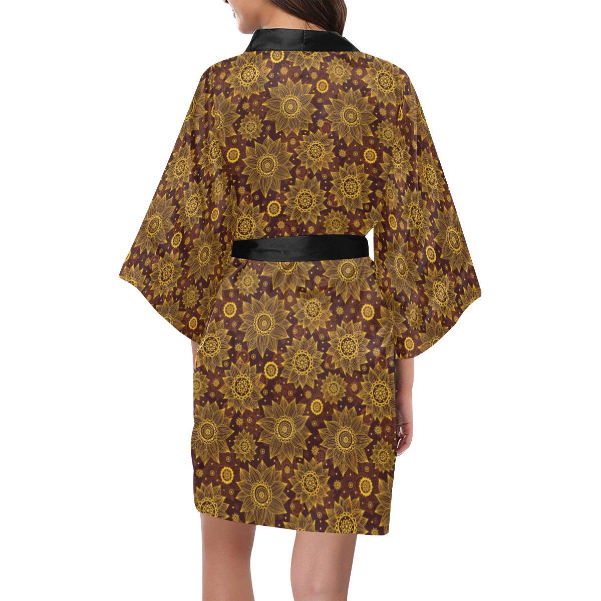 Gold Sunflower Hand Drawn Print Women Short Kimono Robe