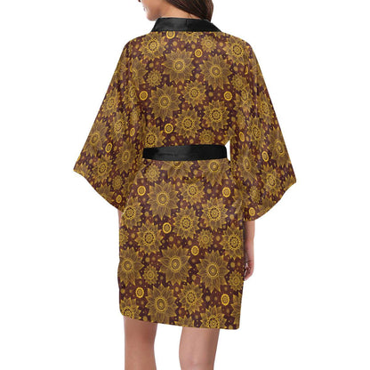 Gold Sunflower Hand Drawn Print Women Short Kimono Robe