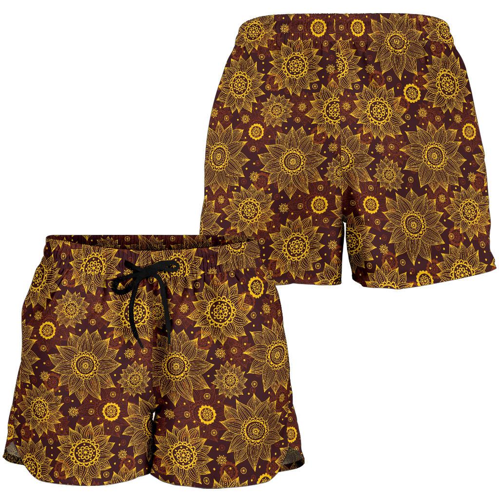 Gold Sunflower Hand Drawn Print Women Shorts-JTAMIGO.COM