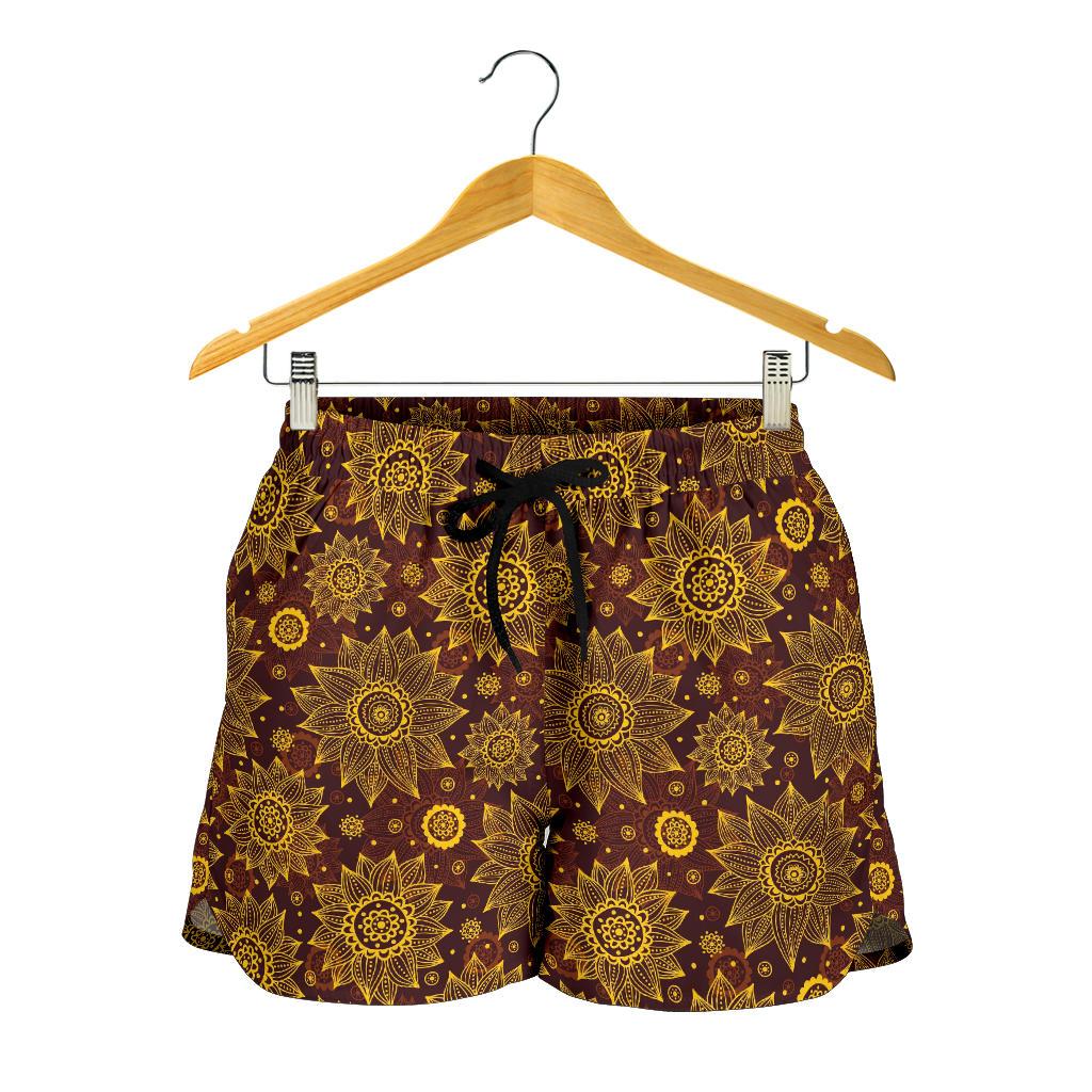 Gold Sunflower Hand Drawn Print Women Shorts-JTAMIGO.COM