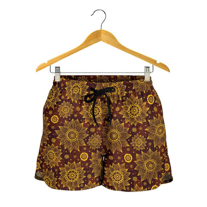 Gold Sunflower Hand Drawn Print Women Shorts-JTAMIGO.COM