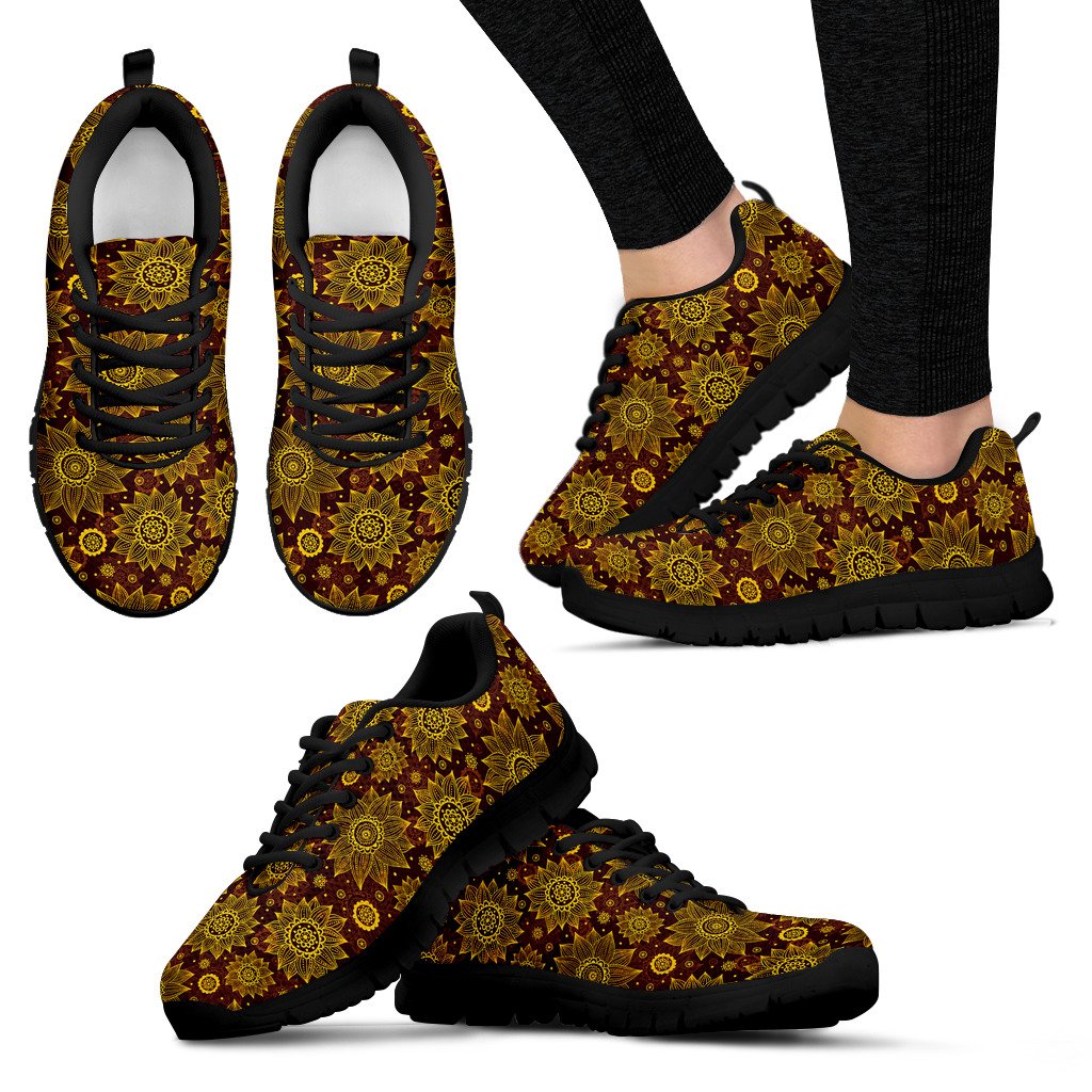 Gold Sunflower Hand Drawn Print Women Sneakers Shoes