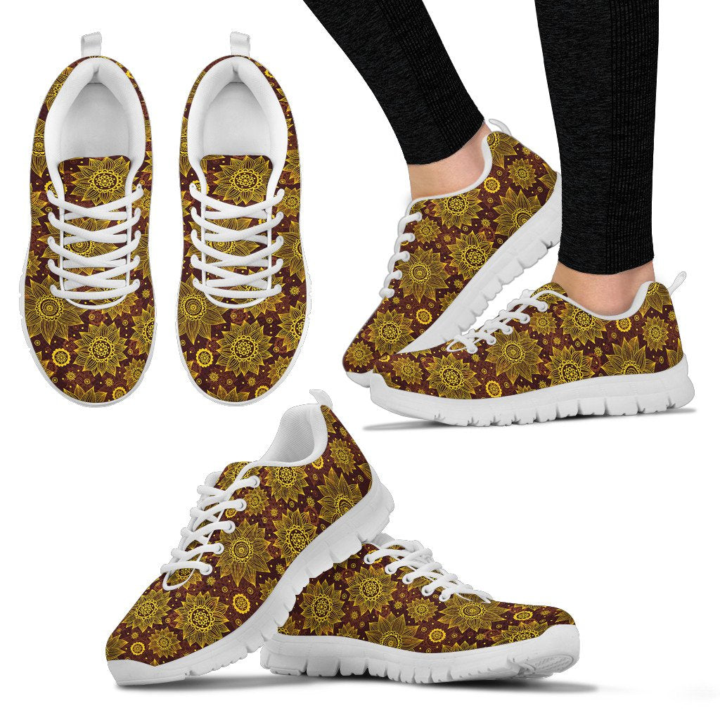 Gold Sunflower Hand Drawn Print Women Sneakers Shoes