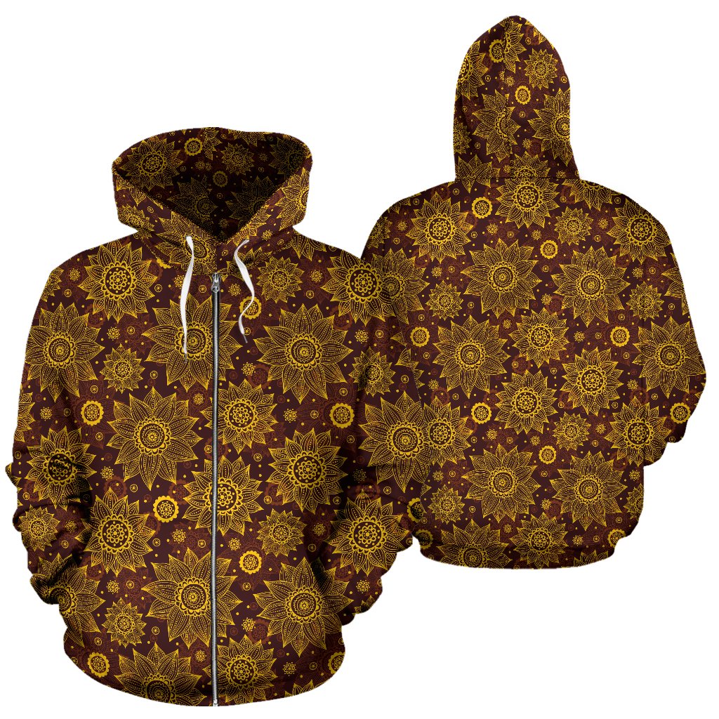 Gold Sunflower Hand Drawn Print Zip Up Hoodie