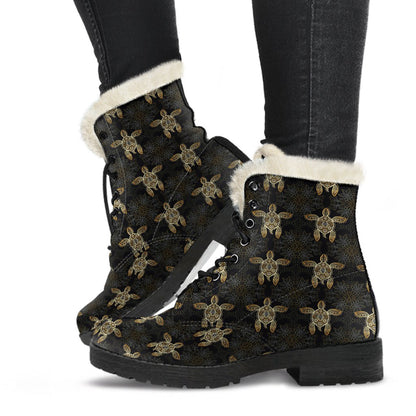 Gold Tribal Turtle Polynesian Design Faux Fur Leather Boots-JTAMIGO.COM