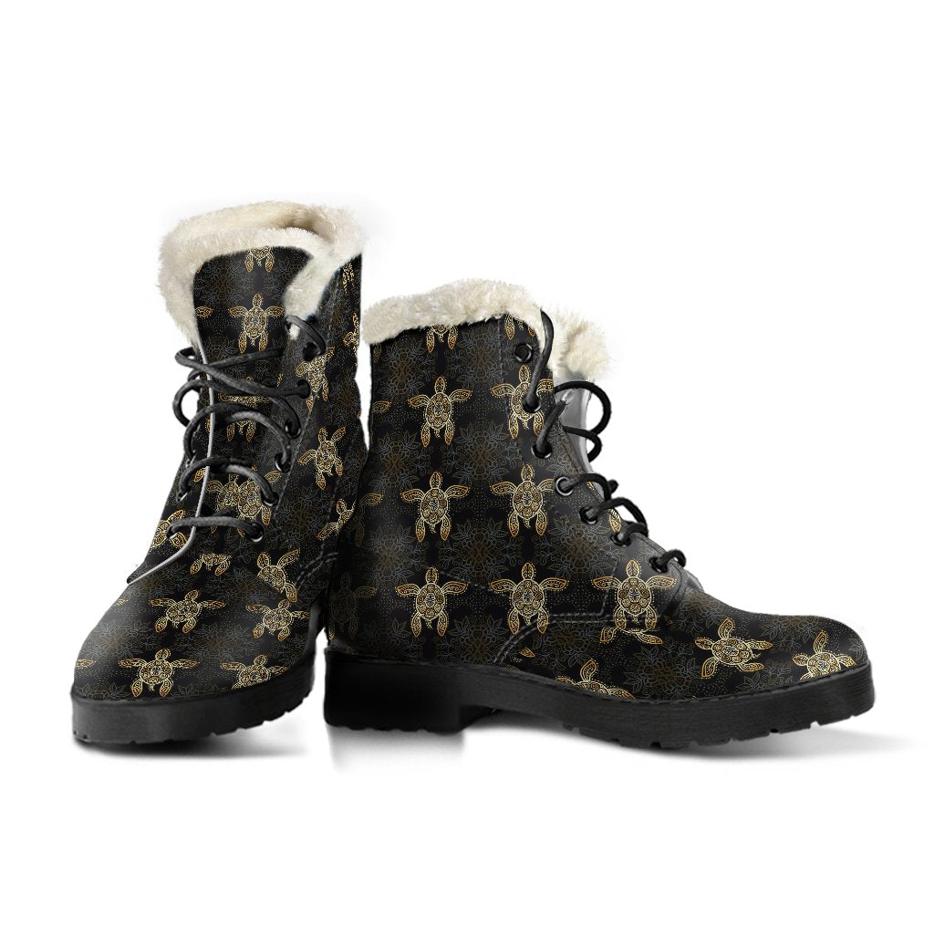 Gold Tribal Turtle Polynesian Design Faux Fur Leather Boots-JTAMIGO.COM