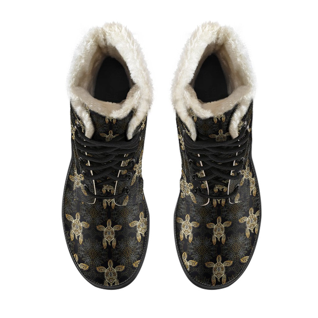 Gold Tribal Turtle Polynesian Design Faux Fur Leather Boots-JTAMIGO.COM