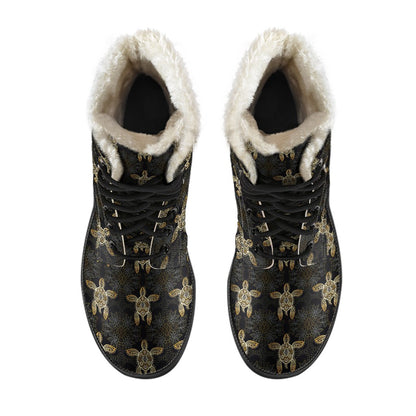 Gold Tribal Turtle Polynesian Design Faux Fur Leather Boots-JTAMIGO.COM