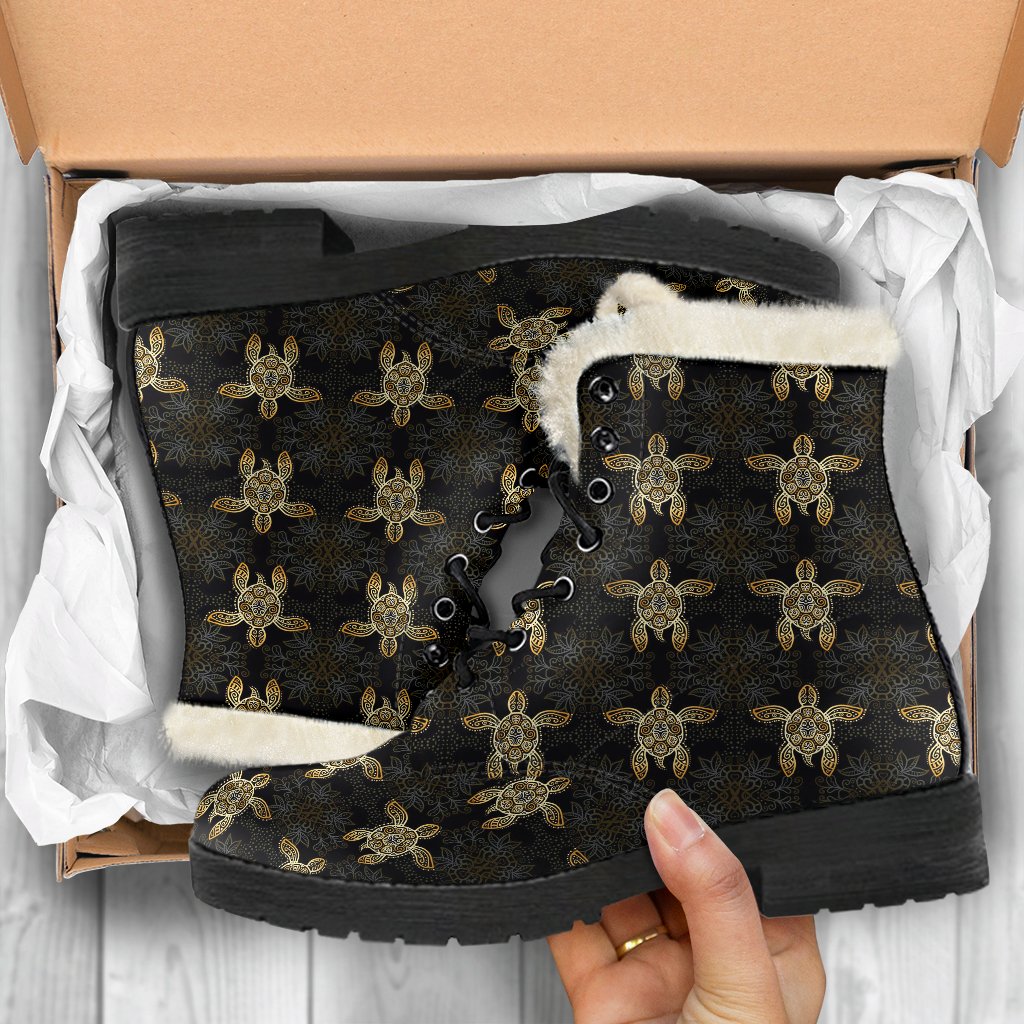 Gold Tribal Turtle Polynesian Design Faux Fur Leather Boots-JTAMIGO.COM