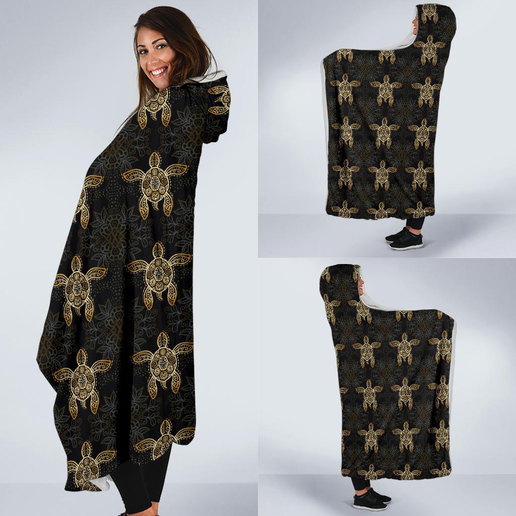 Gold Tribal Turtle Polynesian Design Hooded Blanket-JTAMIGO.COM