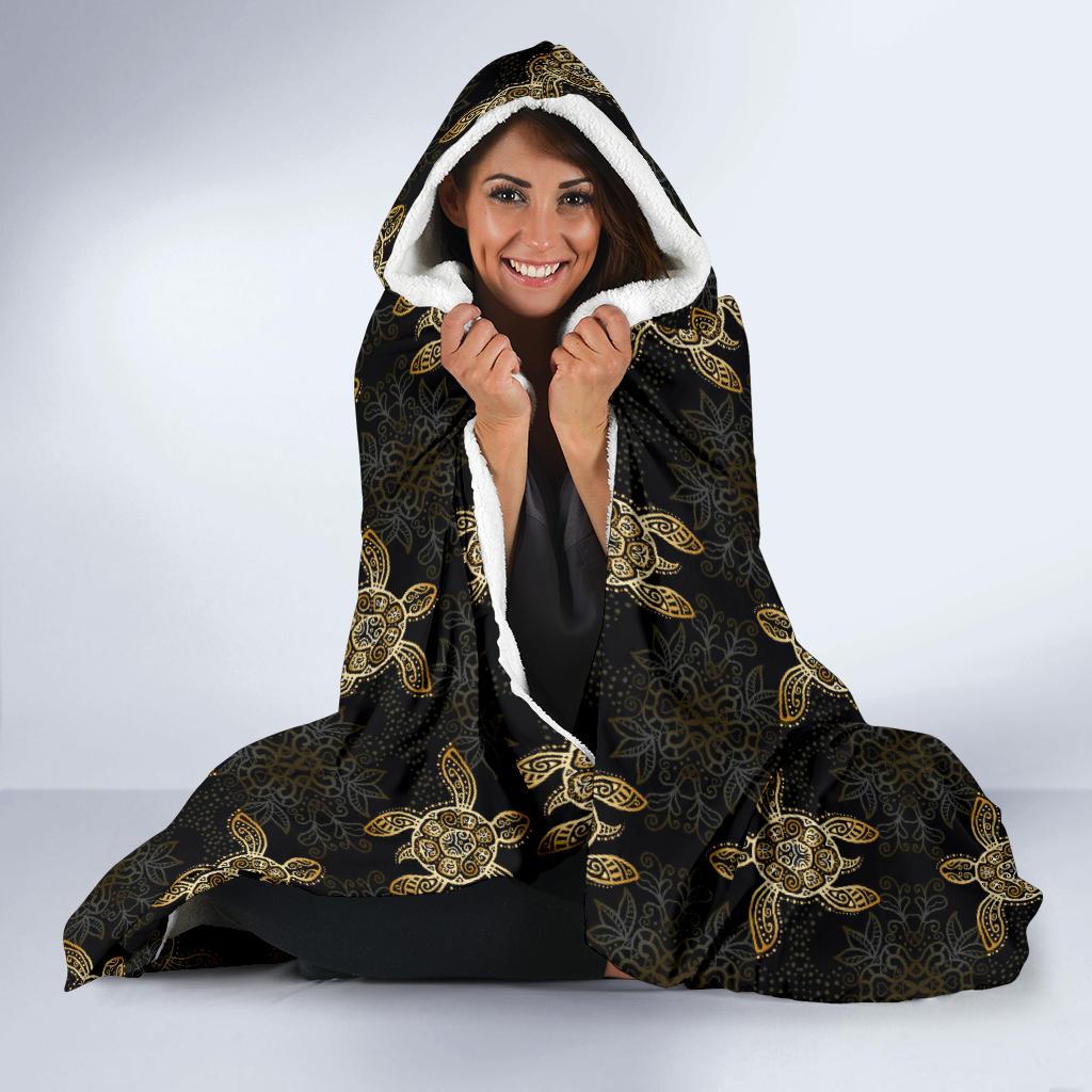 Gold Tribal Turtle Polynesian Design Hooded Blanket-JTAMIGO.COM
