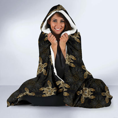 Gold Tribal Turtle Polynesian Design Hooded Blanket-JTAMIGO.COM