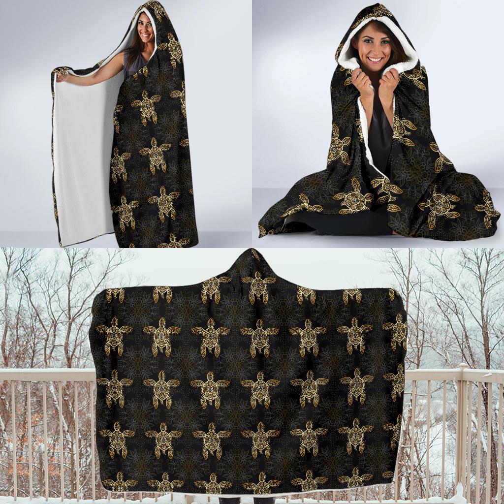 Gold Tribal Turtle Polynesian Design Hooded Blanket-JTAMIGO.COM