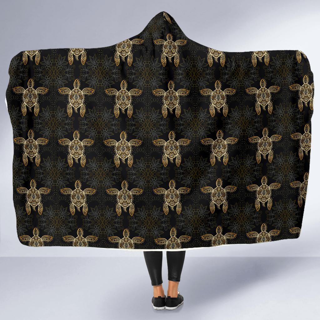 Gold Tribal Turtle Polynesian Design Hooded Blanket-JTAMIGO.COM