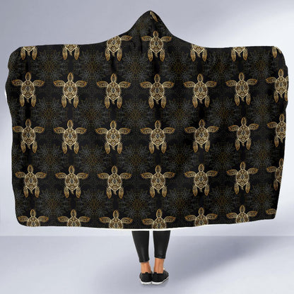 Gold Tribal Turtle Polynesian Design Hooded Blanket-JTAMIGO.COM