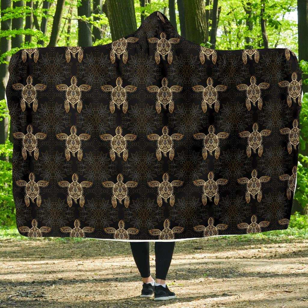 Gold Tribal Turtle Polynesian Design Hooded Blanket-JTAMIGO.COM