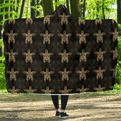 Gold Tribal Turtle Polynesian Design Hooded Blanket-JTAMIGO.COM