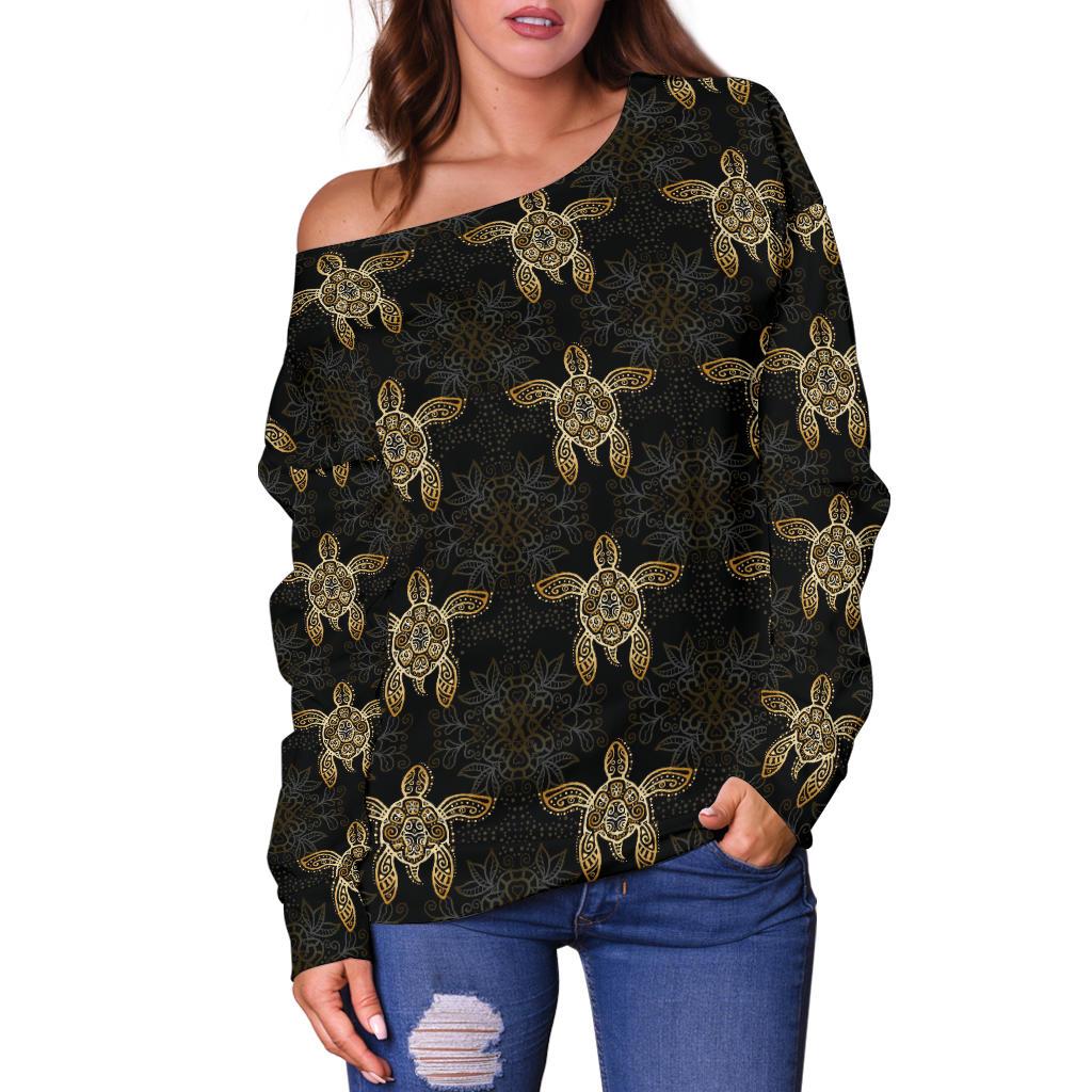 Gold Tribal Turtle Polynesian Design Off Shoulder Sweatshirt