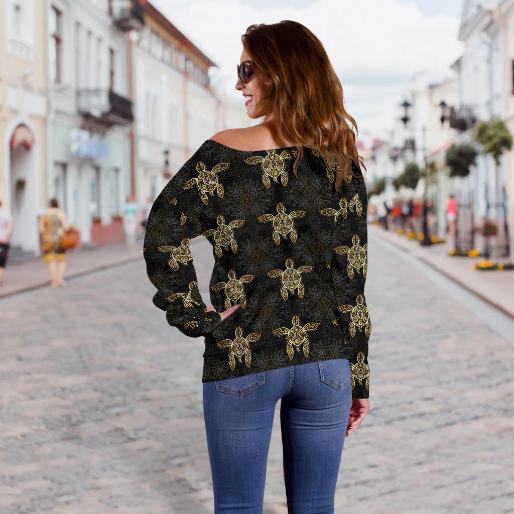 Gold Tribal Turtle Polynesian Design Off Shoulder Sweatshirt