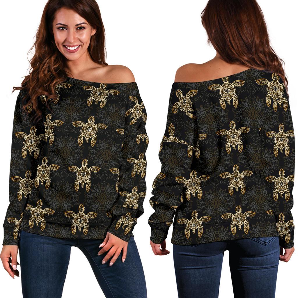 Gold Tribal Turtle Polynesian Design Off Shoulder Sweatshirt