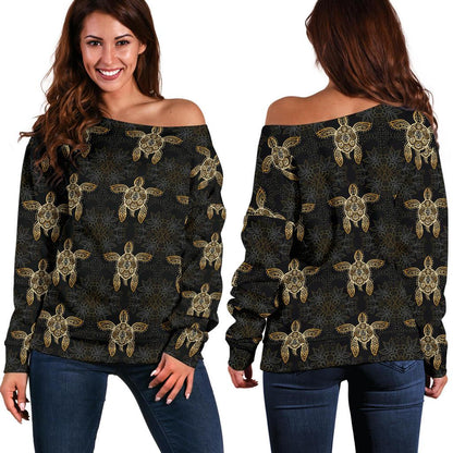 Gold Tribal Turtle Polynesian Design Off Shoulder Sweatshirt