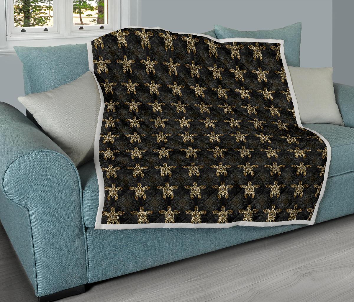 Gold Tribal Turtle Polynesian Design Premium Quilt-JTAMIGO.COM