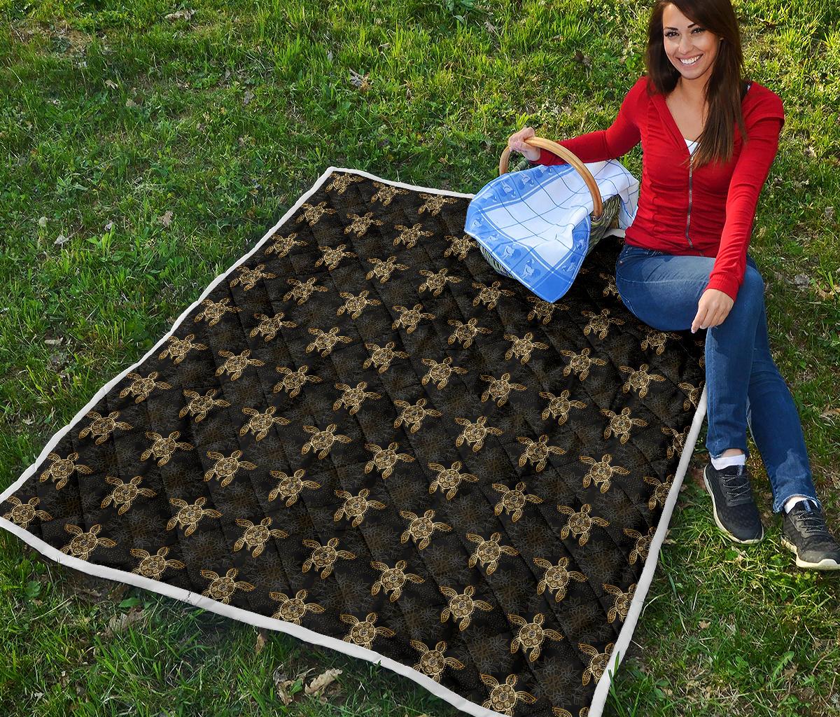 Gold Tribal Turtle Polynesian Design Premium Quilt-JTAMIGO.COM