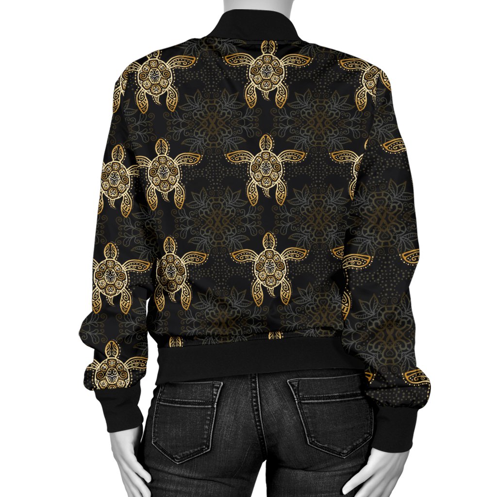 Gold Tribal Turtle Polynesian Design Women Casual Bomber Jacket