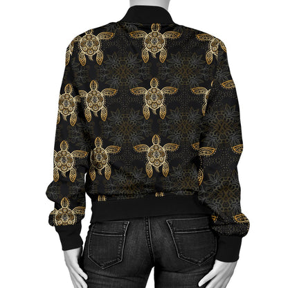 Gold Tribal Turtle Polynesian Design Women Casual Bomber Jacket