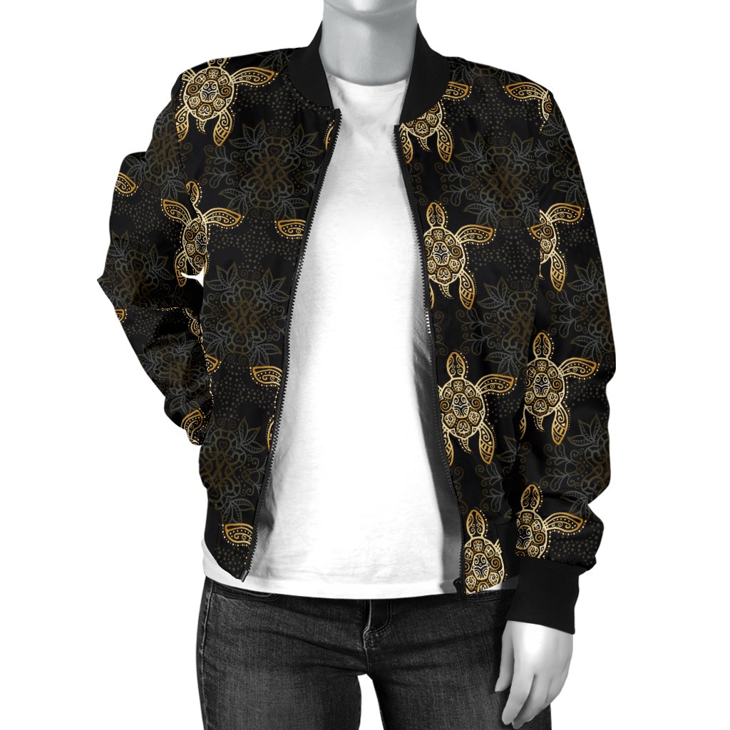 Gold Tribal Turtle Polynesian Design Women Casual Bomber Jacket