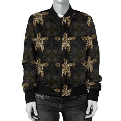 Gold Tribal Turtle Polynesian Design Women Casual Bomber Jacket