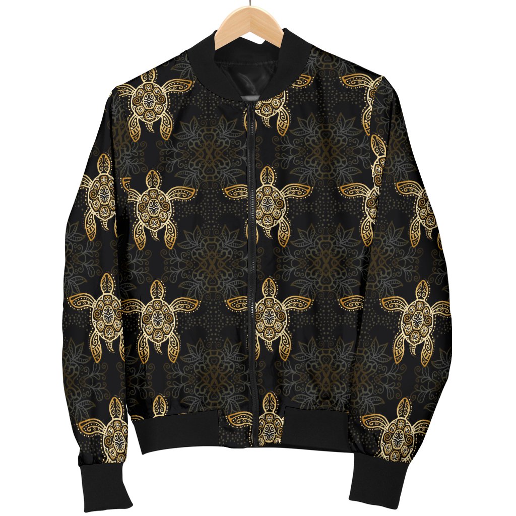 Gold Tribal Turtle Polynesian Design Women Casual Bomber Jacket