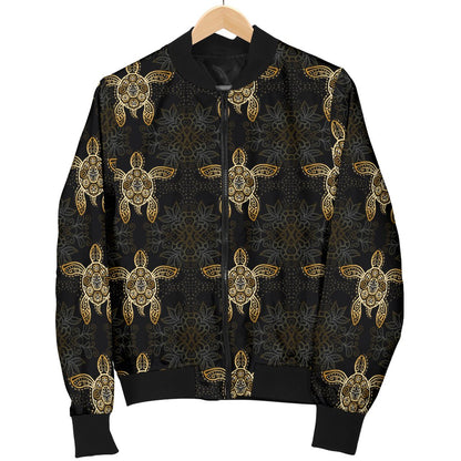 Gold Tribal Turtle Polynesian Design Women Casual Bomber Jacket